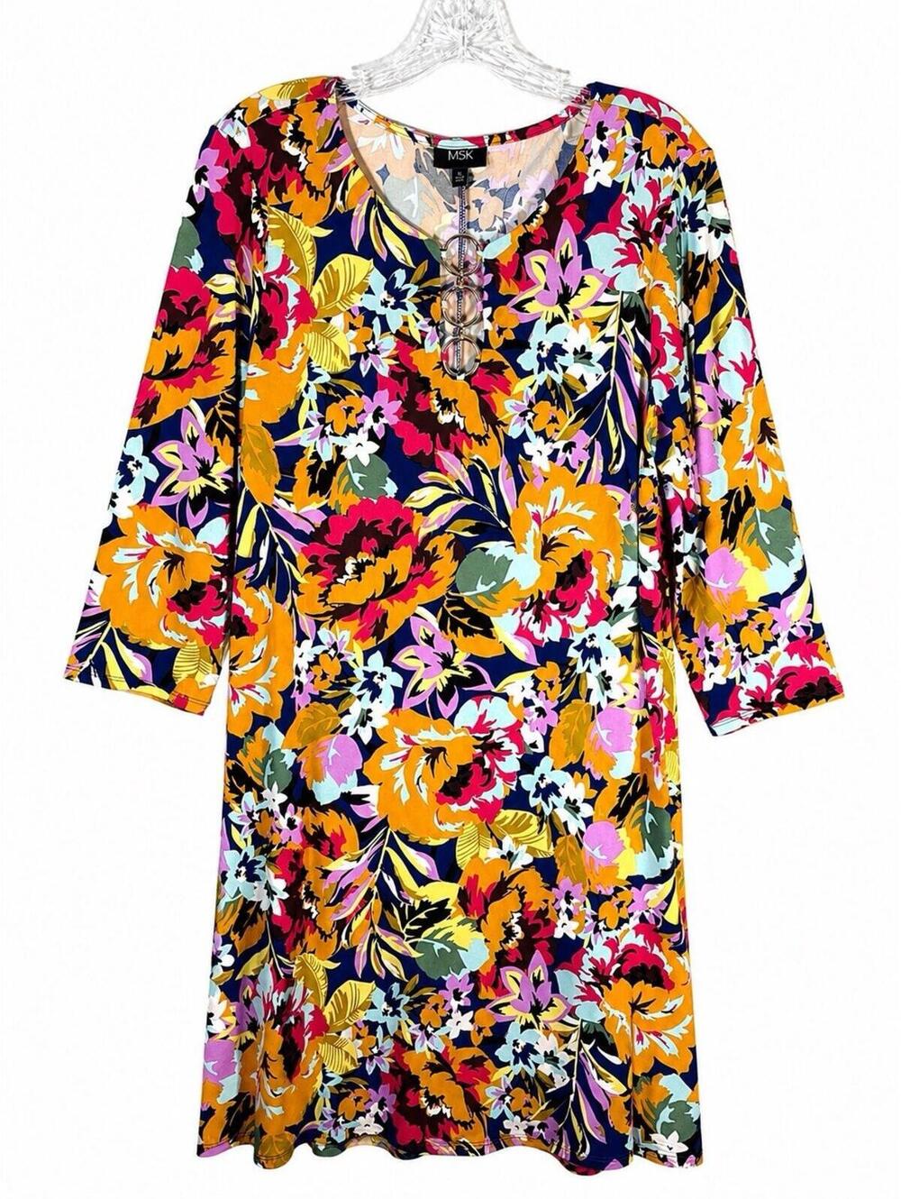 MSK Floral Shift Dress XL Multicolor 3/4 Sleeve Ring Detail Stretch Dress